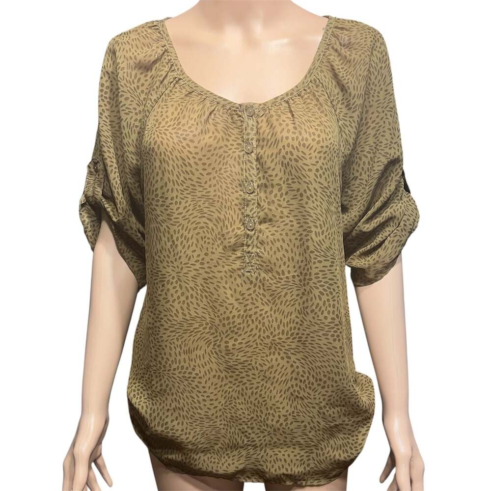 Investments Olive Green Printed Roll-Tab Sleeve Henley Blouse